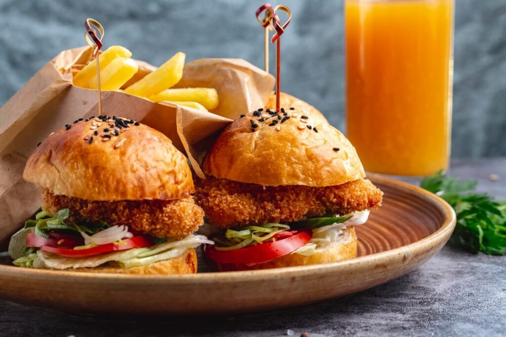 a plate of burgers and fries